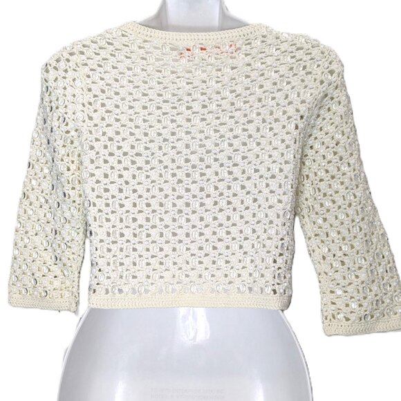 Crochet Cardigan Sweater Shrug Beaded Ivory Party Size XS Cropped Cynthia Steffe - Picture 3 of 16